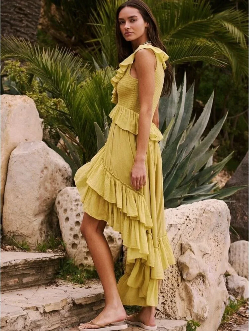 Free-est (Free People) Chartreuse Ruffle Smocked High-Low Maxi Dress | Size XS